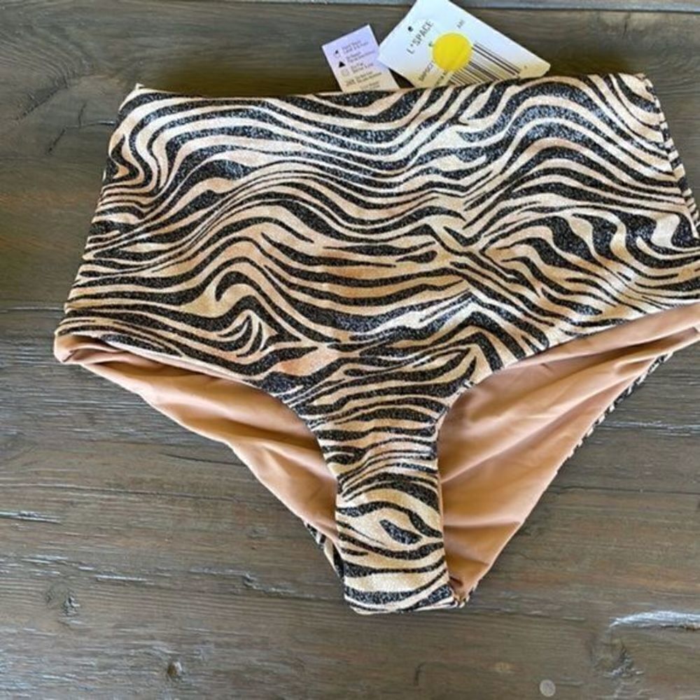 Anthropologie LSpace Portia High Waisted Swim Bottoms Black Gold Shimmer Small